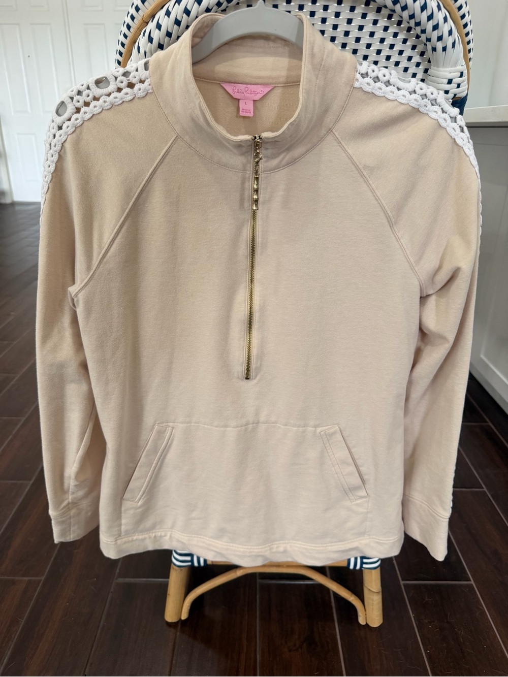 Lilly Pulitzer Brigantine Luxletic 1/2 Zip Jacket Sand Dune Lace Accent Large